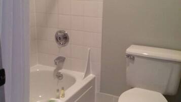 Combined shower/bathtub, free toiletries, hair dryer, towels