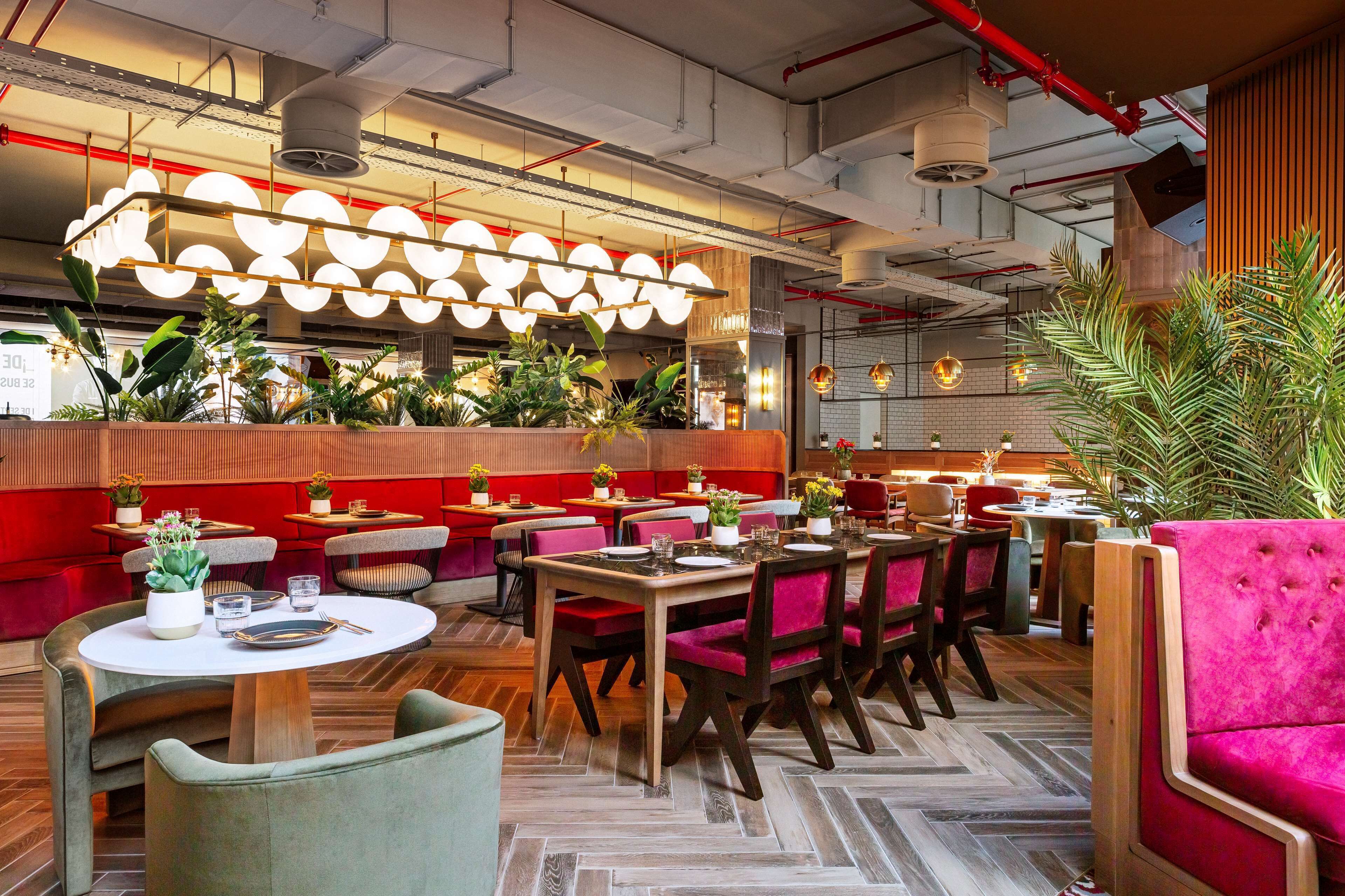Interior moderno de restaurante con mesas redondas, sillas con cojines rojos y diversas plantas.
