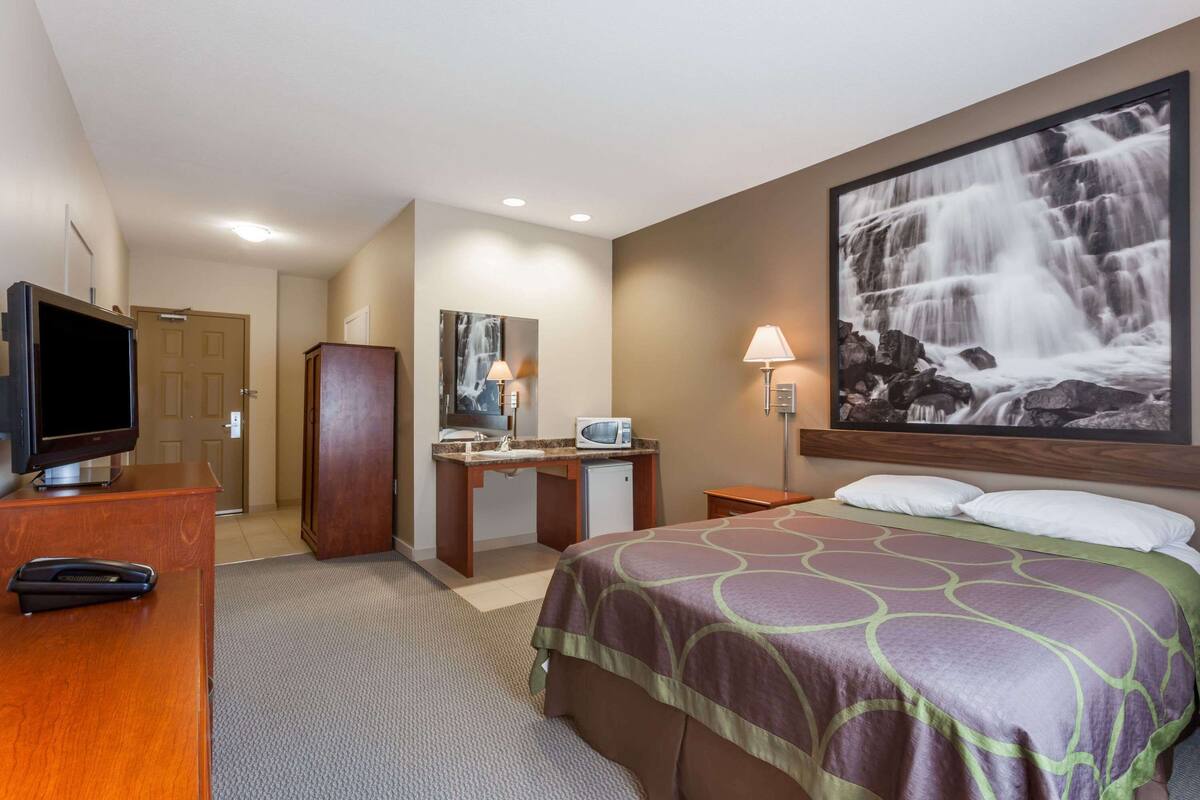 Une chambre d’hôtel avec un lit, un bureau doté d’un micro-ondes, une télévision et un grand tableau représentant une cascade au mur.