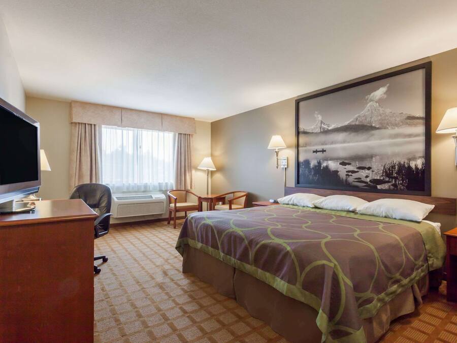 Habitación de hotel con cama, escritorio con televisor, dos sillas, ventana con cortinas y un cuadro grande en la pared.