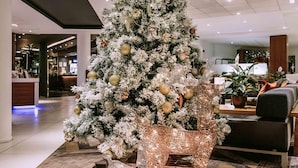 A Christmas tree with ornaments and lights, placed in a lobby area with a patterned carpet and seating. - Novotel Sheffield Centre (Sheffield)