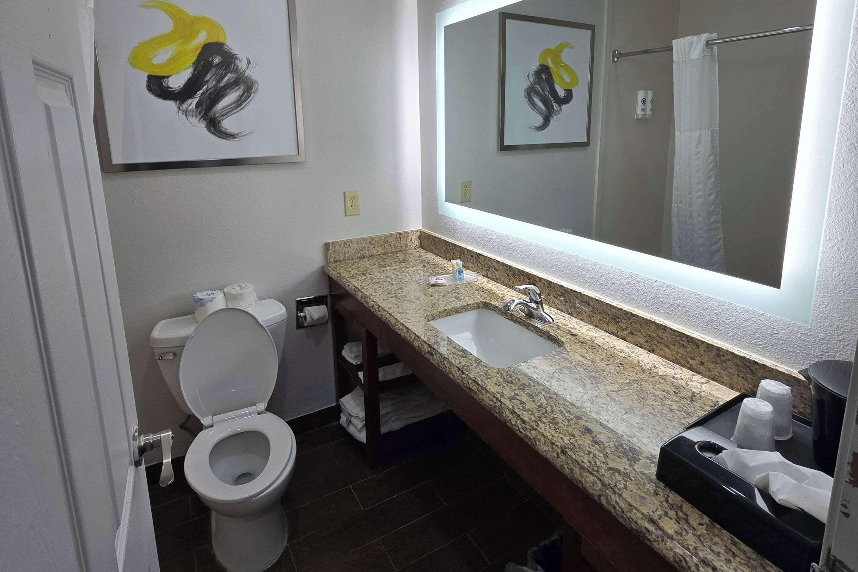 Un baño con inodoro blanco, lavamanos con encimera de granito y un espejo grande sobre el lavamanos.