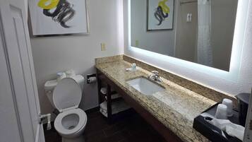 A bathroom with a white toilet, a granite countertop sink, and a large mirror above the sink.
