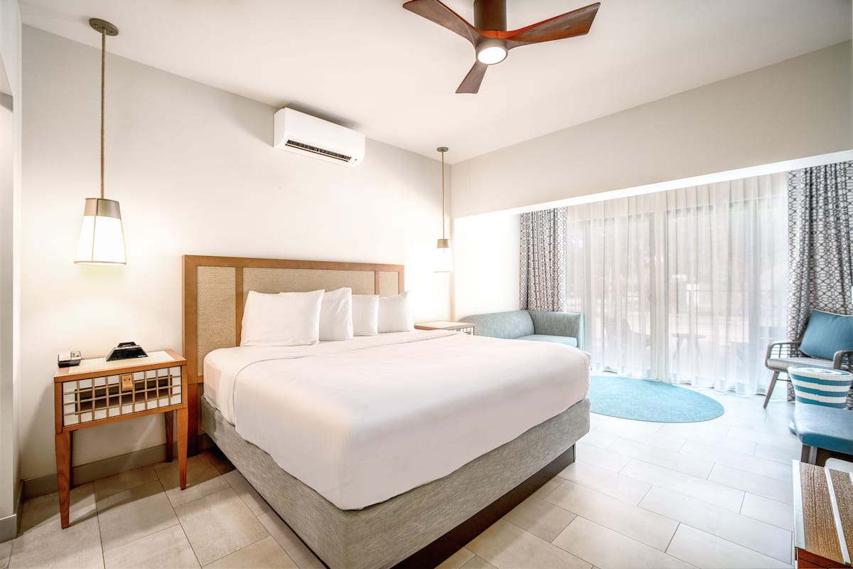 A hotel room with a large bed, a ceiling fan, an air conditioning unit, a bedside table with a lamp, and a view of the outside through large windows.