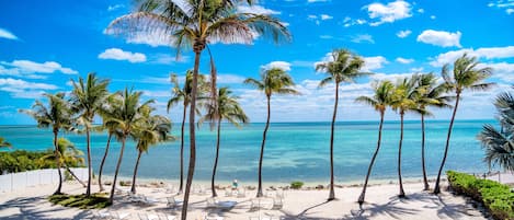 Plage privée, sable blanc, chaises longues, serviettes de plage