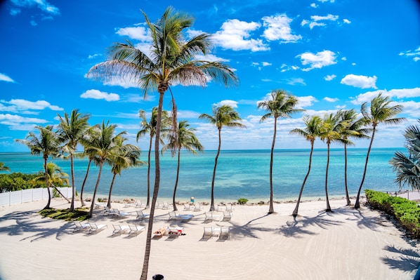 Plage privée, sable blanc, chaises longues, serviettes de plage