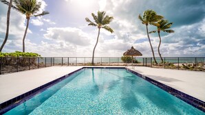 A swimming pool with clear blue water, surrounded by a white deck and a black metal fence. - Chesapeake Beach Resort (Islamorada)