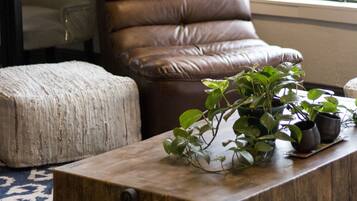 Una habitación con un sillón de cuero, una mesa de centro de madera con plantas, un tapete estampado y una ventana que da a vistas arboladas.