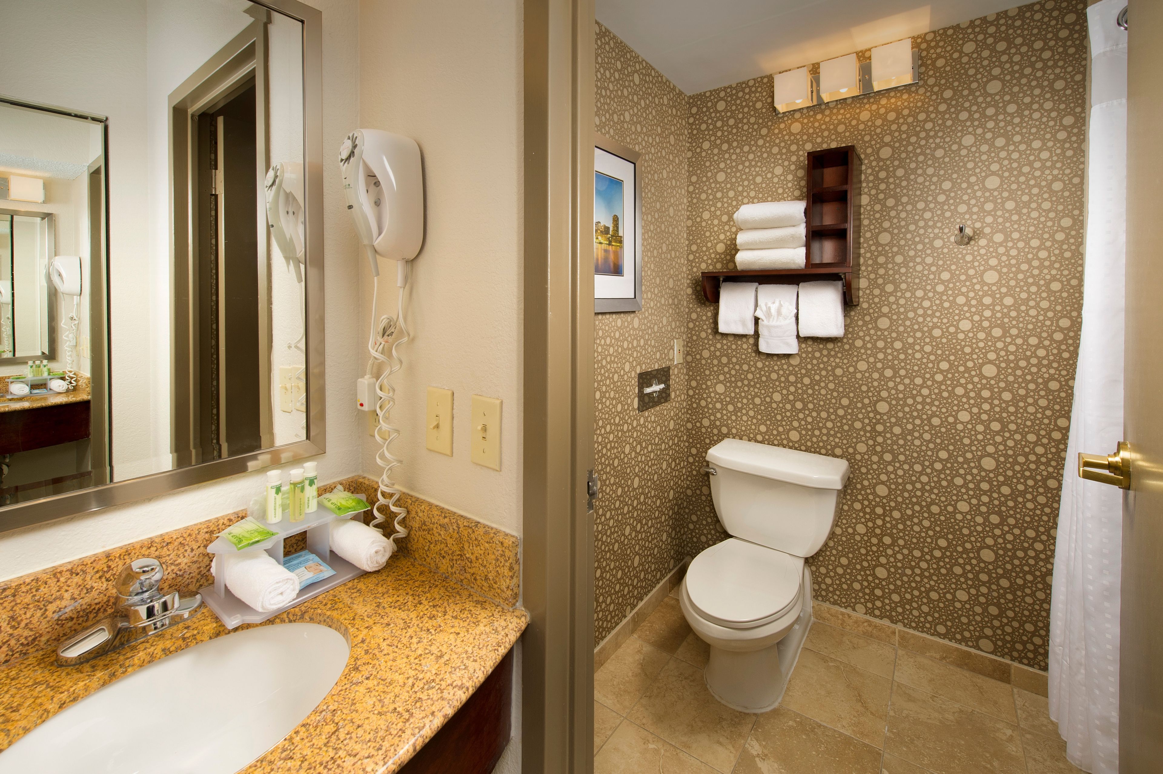 combined shower/bathtub, designer toiletries, hair dryer, towels