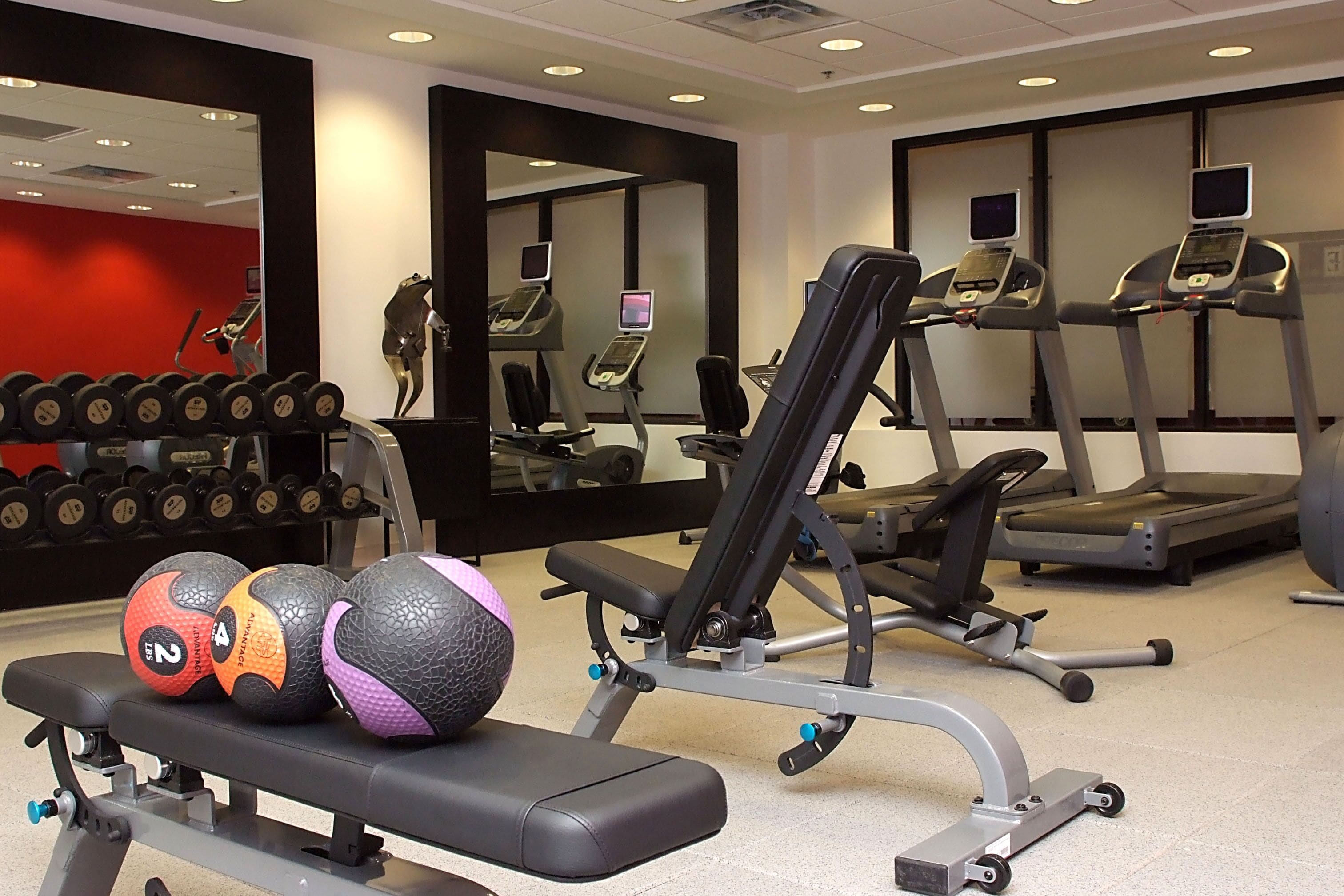 Una palestra con tapis roulant, una panca e manubri.