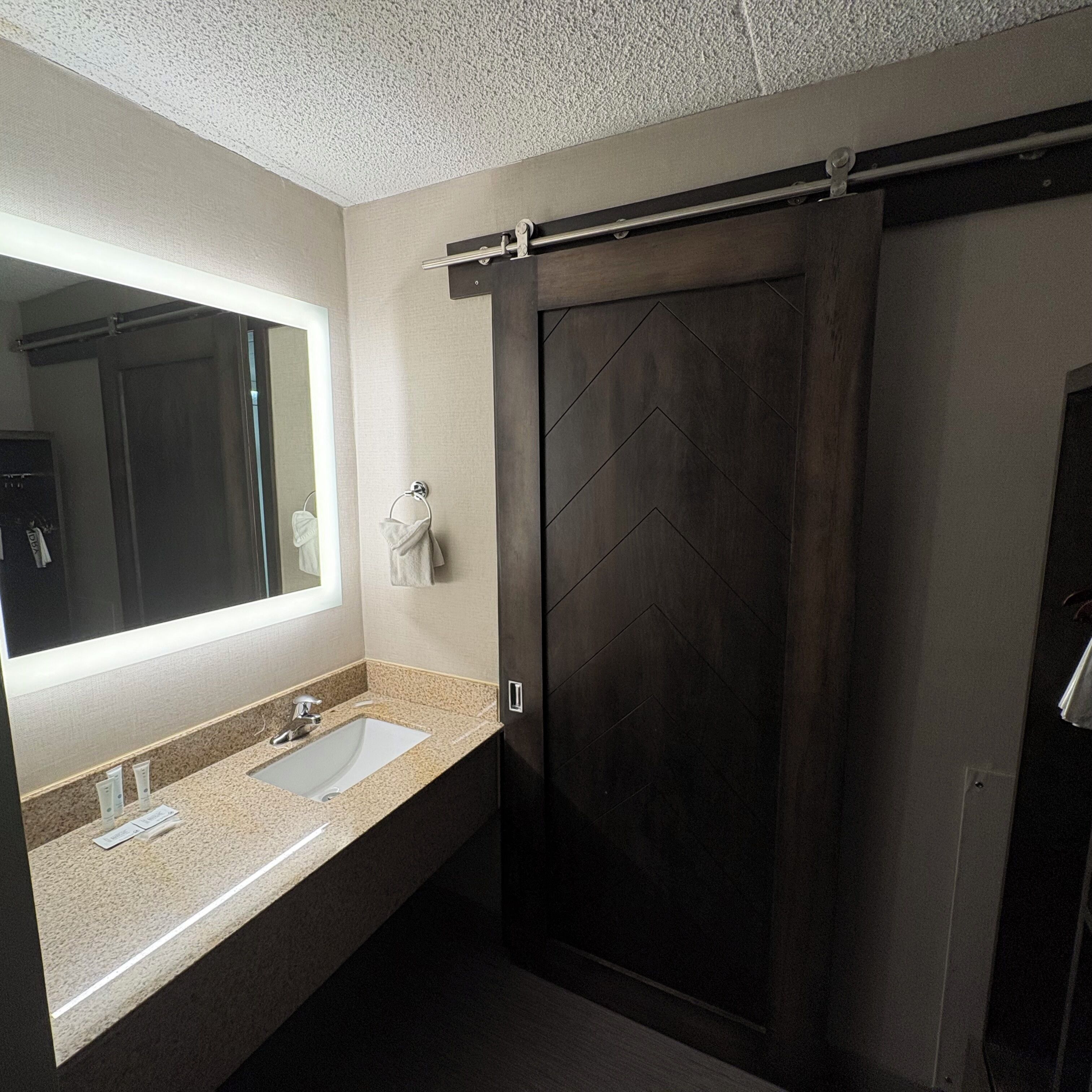 combined shower/bathtub, free toiletries, towels