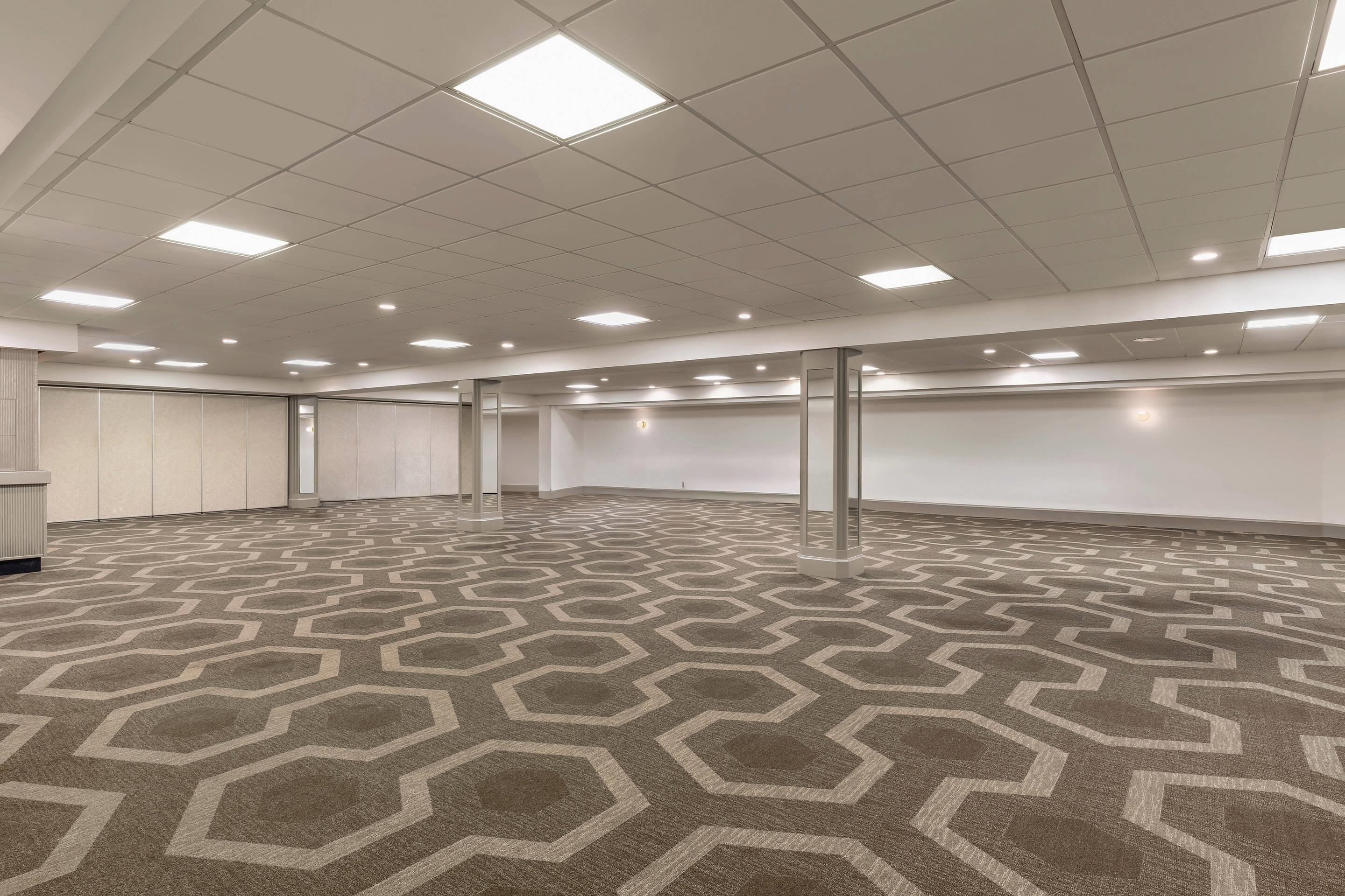 A large, empty conference room with a geometric carpet pattern, recessed ceiling lights, and a plain wall with a door.