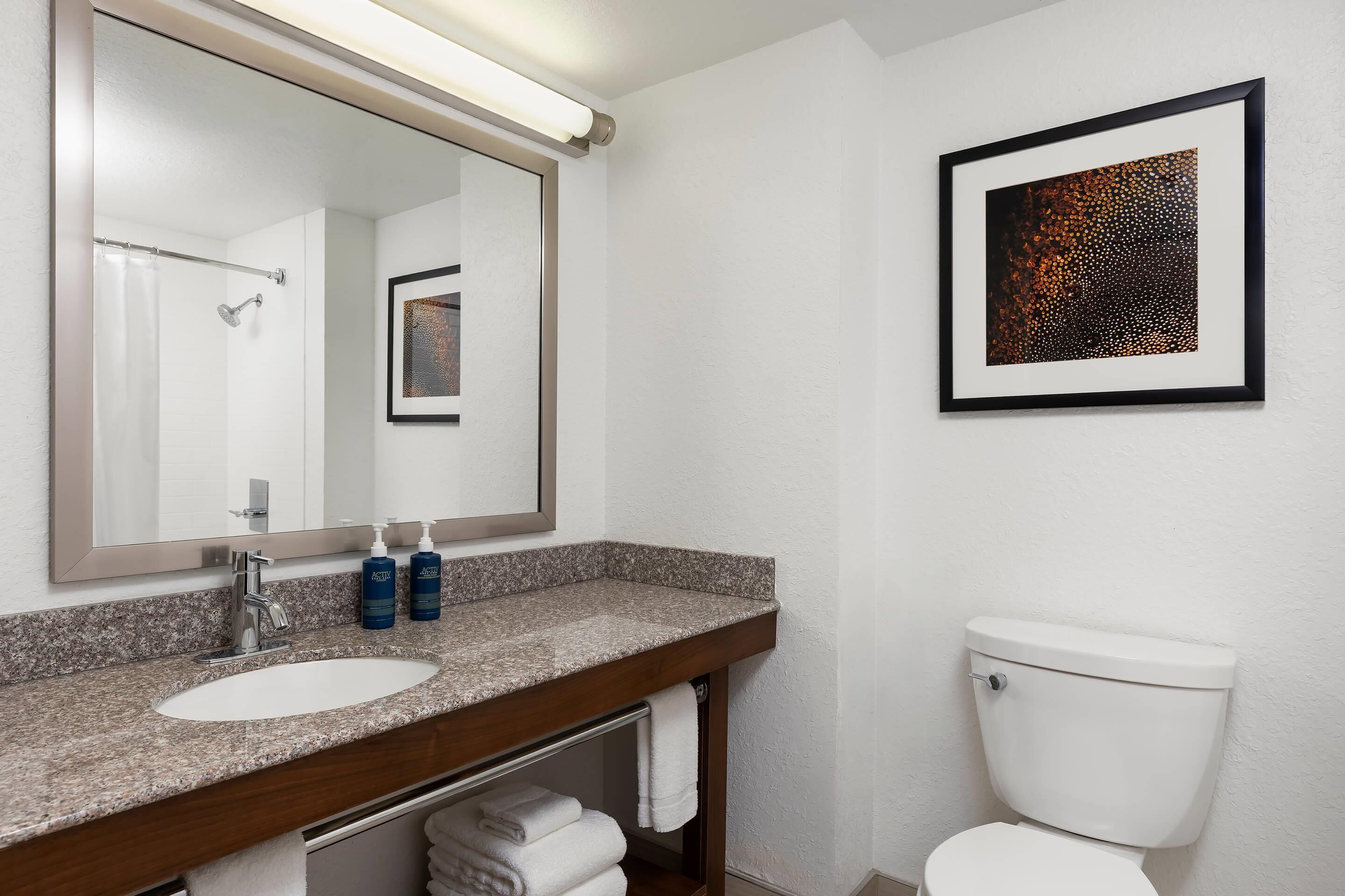 A bathroom with a granite countertop sink, a mirror, a framed abstract painting, and a white toilet.