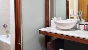 Designer toiletries, hair dryer, bathrobes, towels