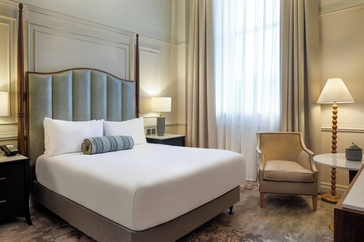 A hotel room with a large bed, a nightstand with a lamp, a chair, and a small table with a plant.