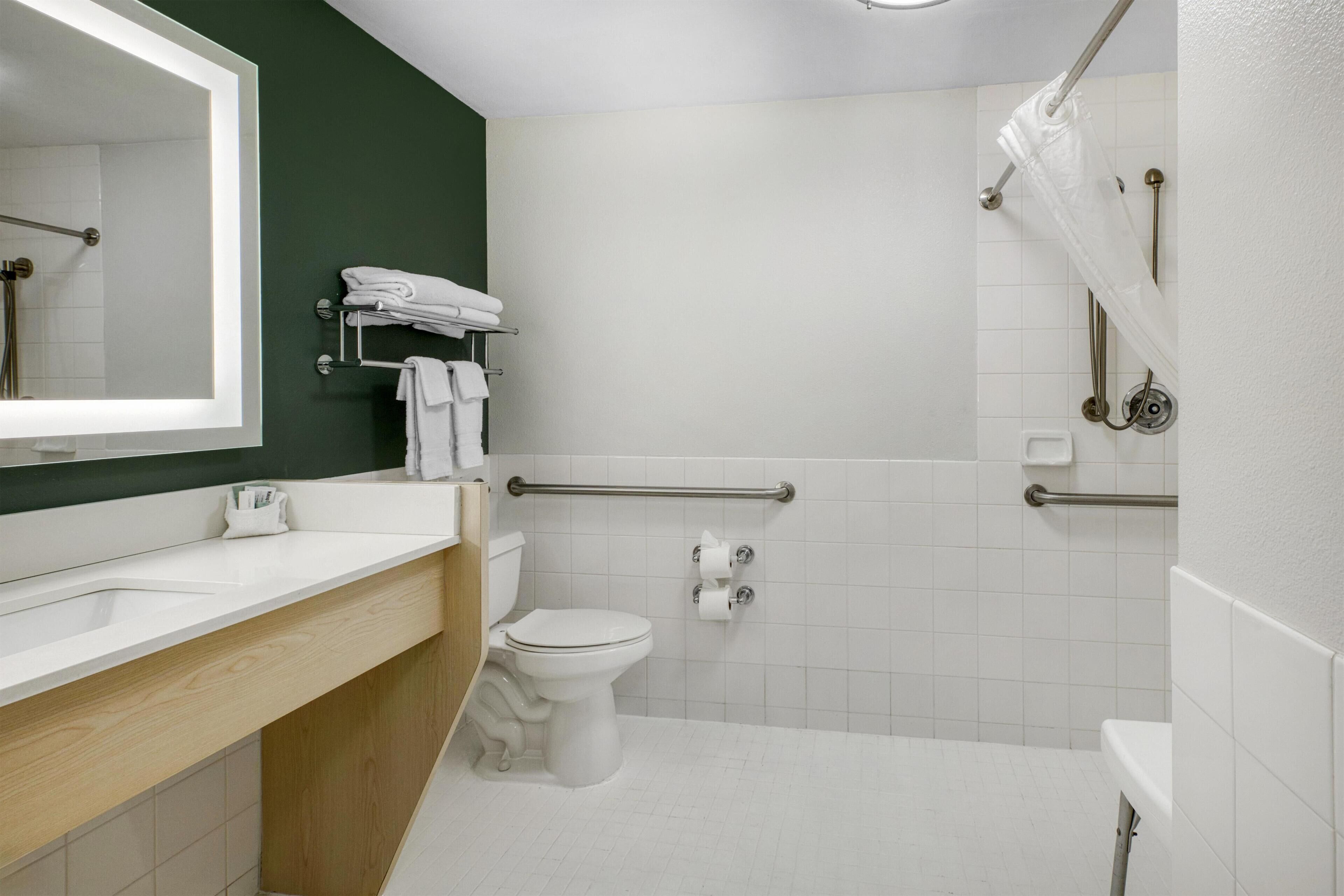 Un baño moderno con inodoro blanco, lavabo con espejo y zona de ducha con barras de apoyo.