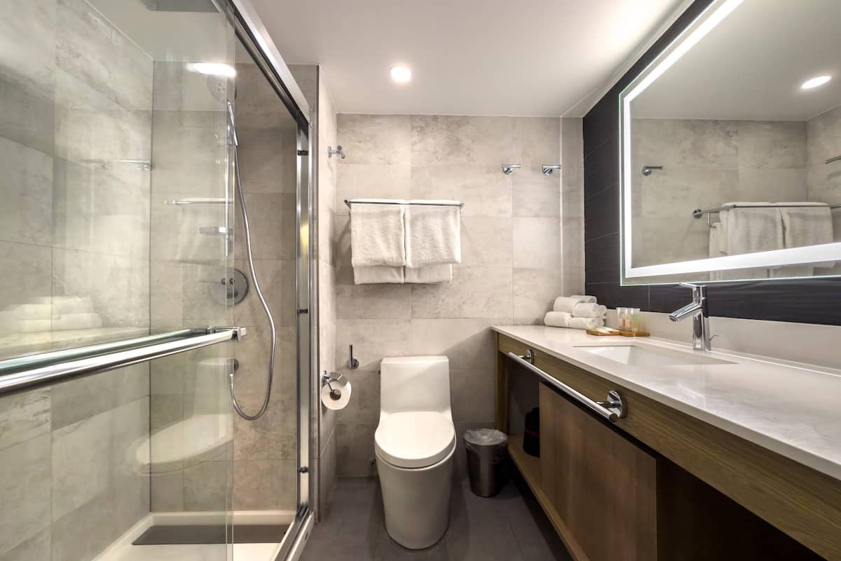A modern bathroom with a glass-enclosed shower, a toilet, a sink with a mirror, and a towel rack.