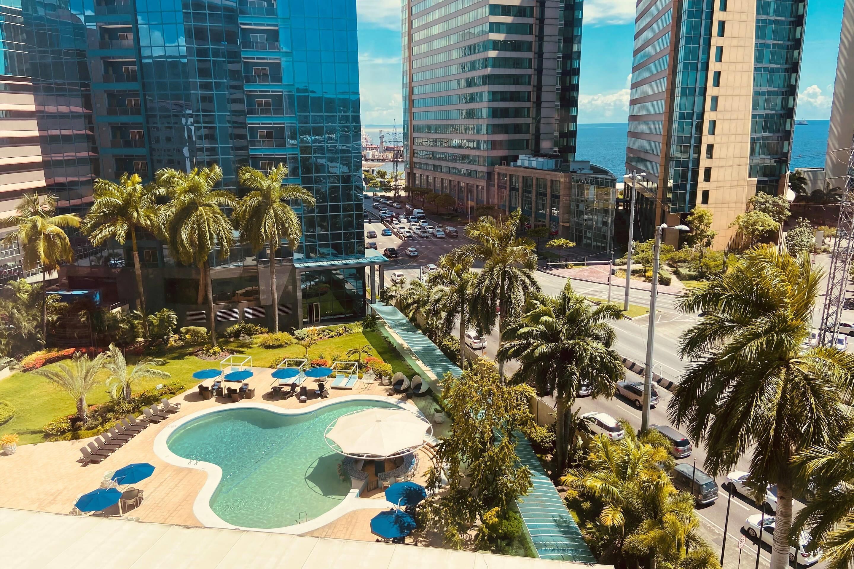 Outdoor pool, pool umbrellas