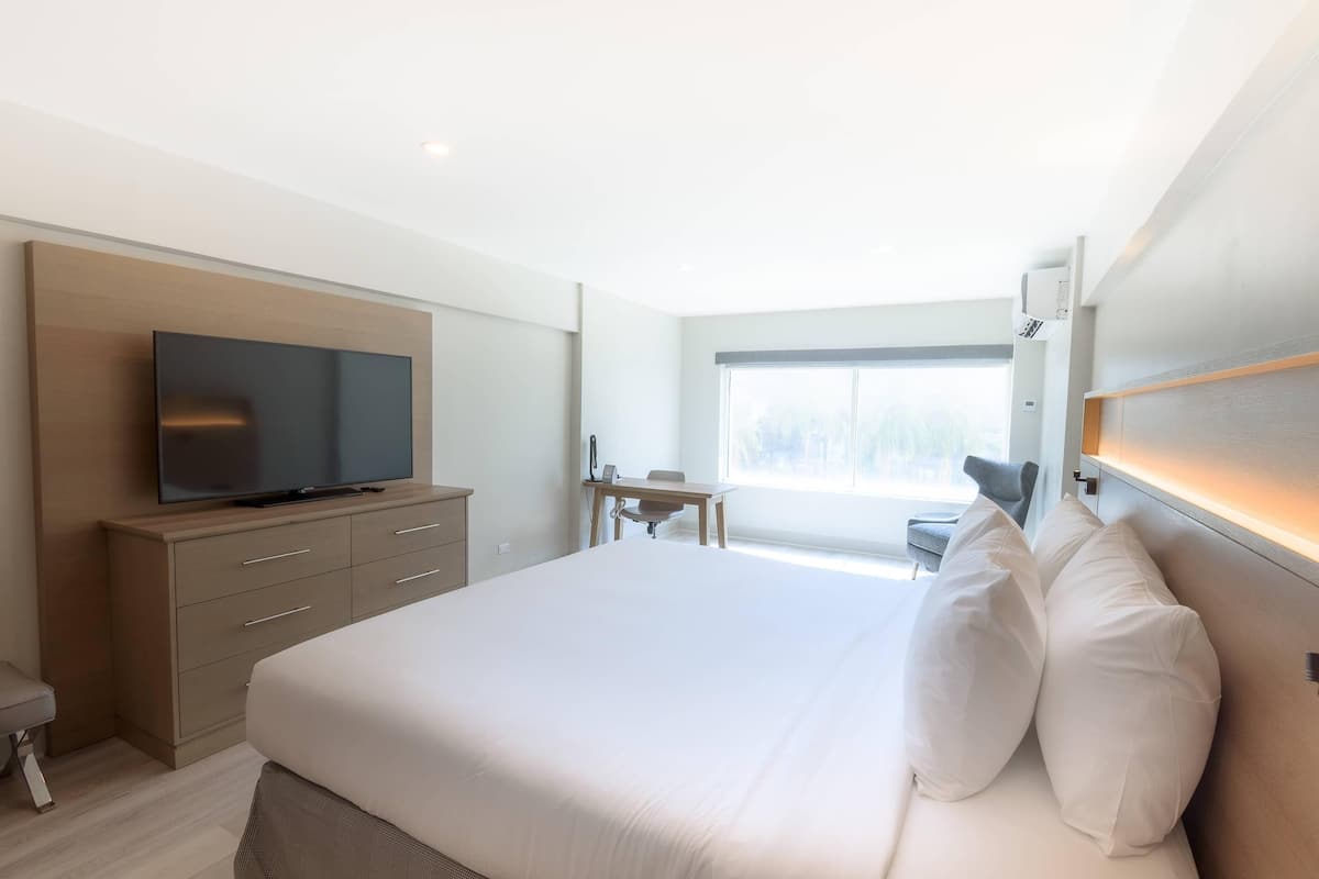 A modern hotel room with a large bed, a flat-screen TV, a desk, and a window with a view.