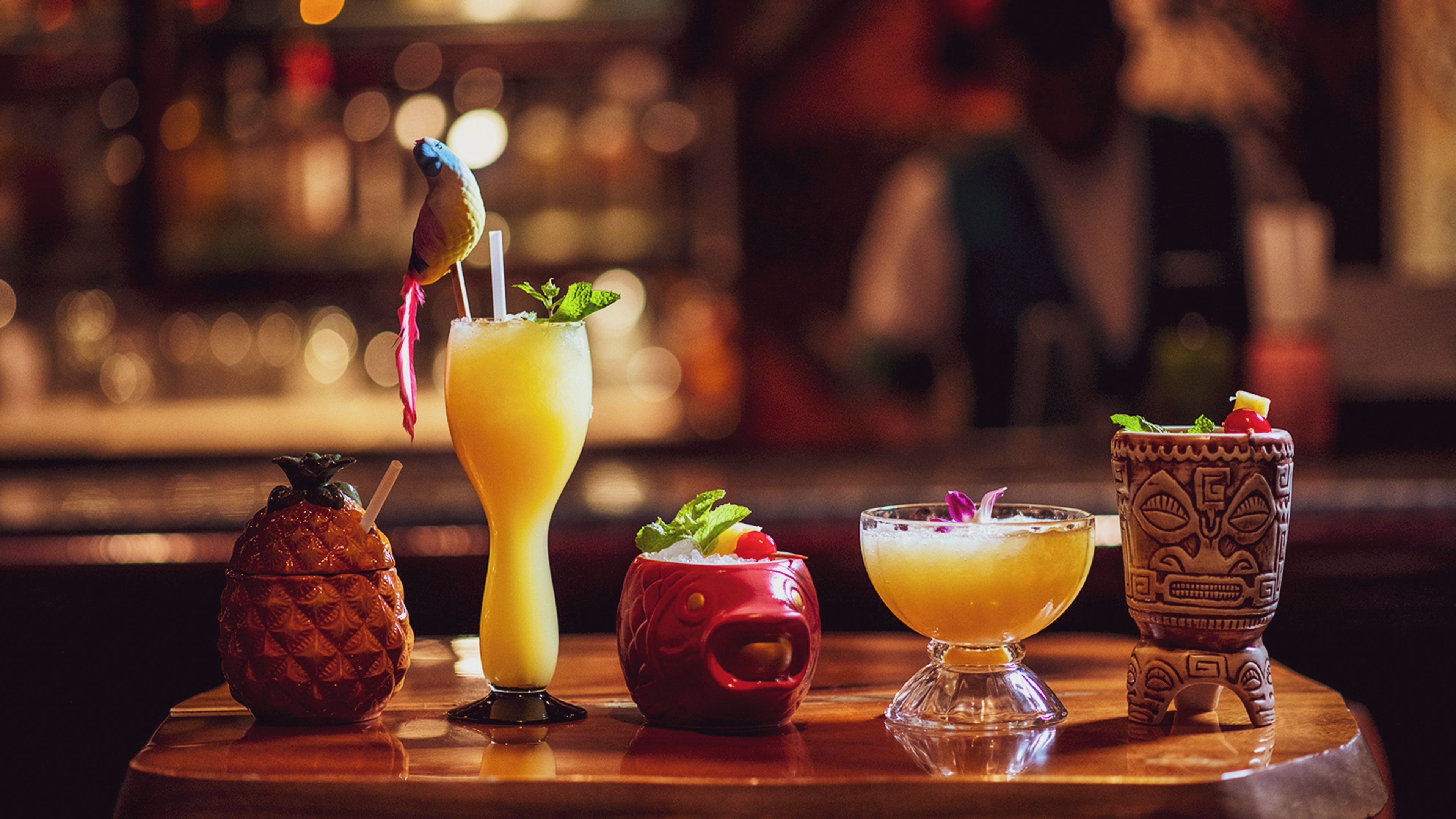 Eine Bar mit verschiedenen Getränken und einem Vogel als Cocktaildekoration.