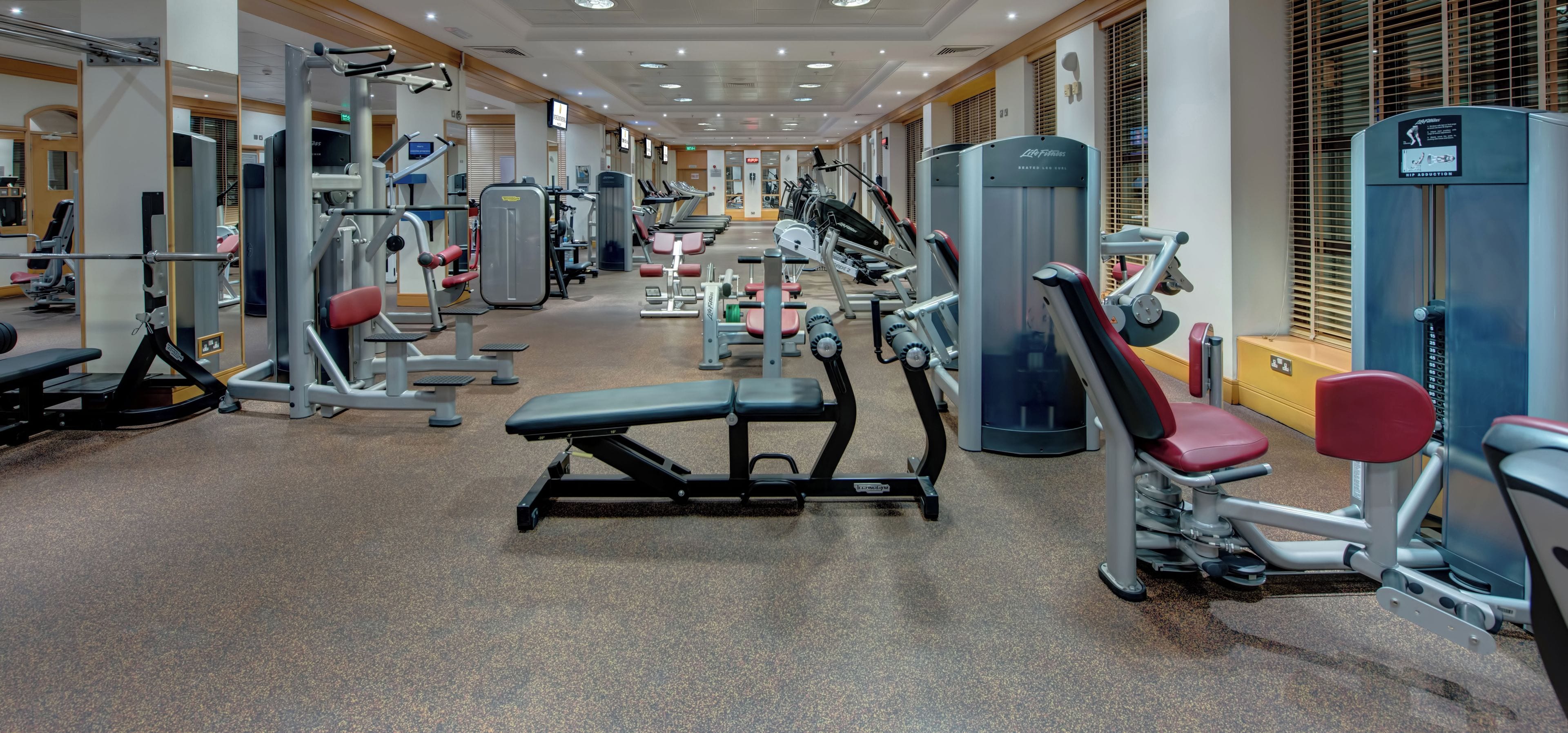 Un gimnasio con diversas máquinas de ejercicio, cintas de correr y pesas libres.