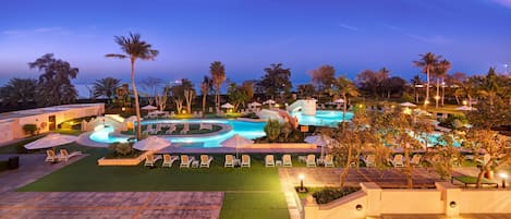 3 outdoor pools, open 8:00 AM to 9:00 PM, pool umbrellas, sun loungers