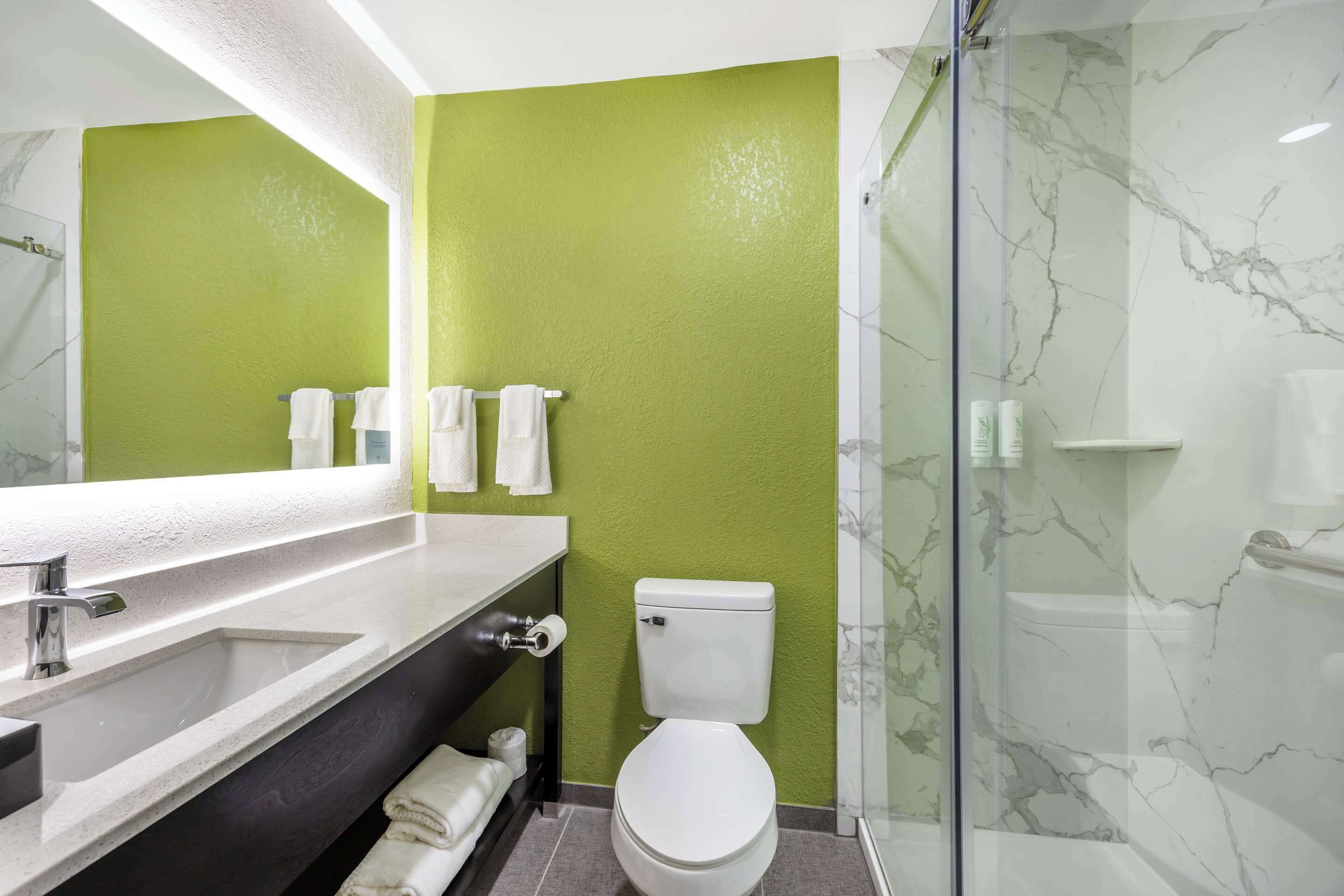 A bathroom with a green wall, a white sink, a toilet, and a glass shower enclosure.