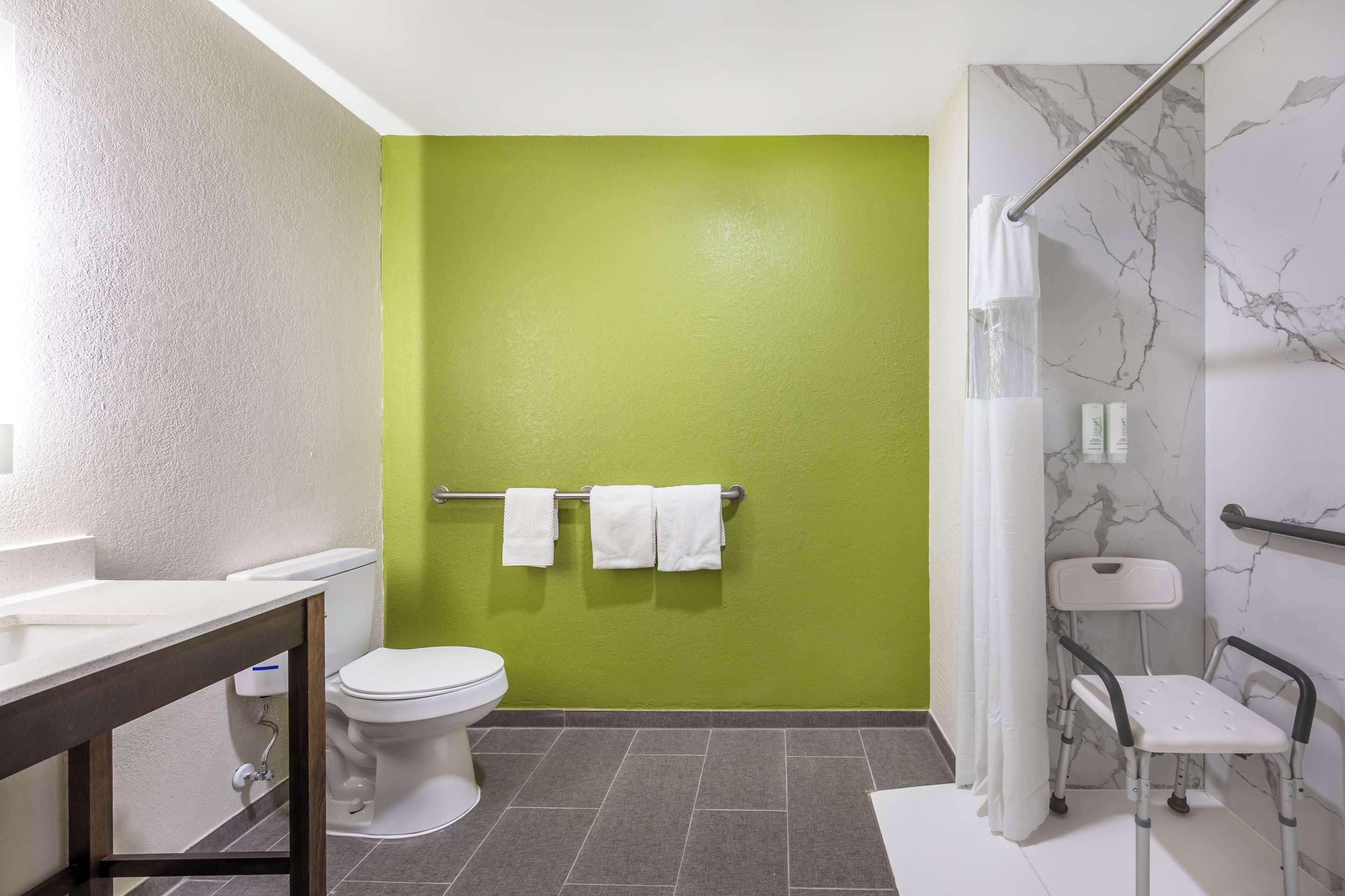 Un baño con pared verde, inodoro blanco y zona de ducha con barra de apoyo.