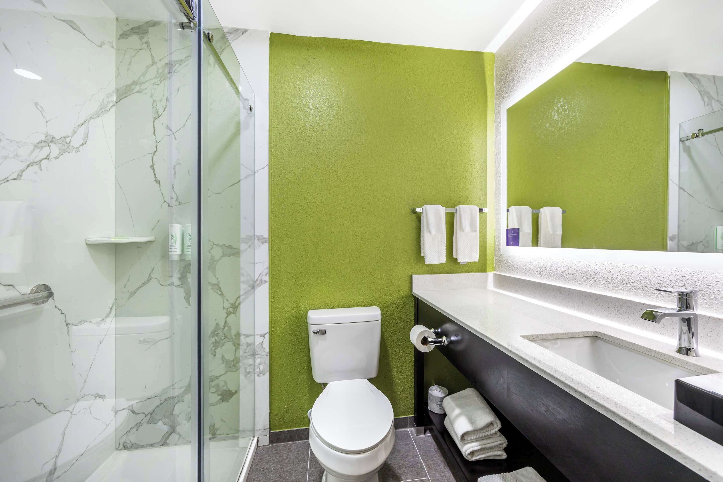 A bathroom with a toilet, a sink, and a glass shower enclosure.
