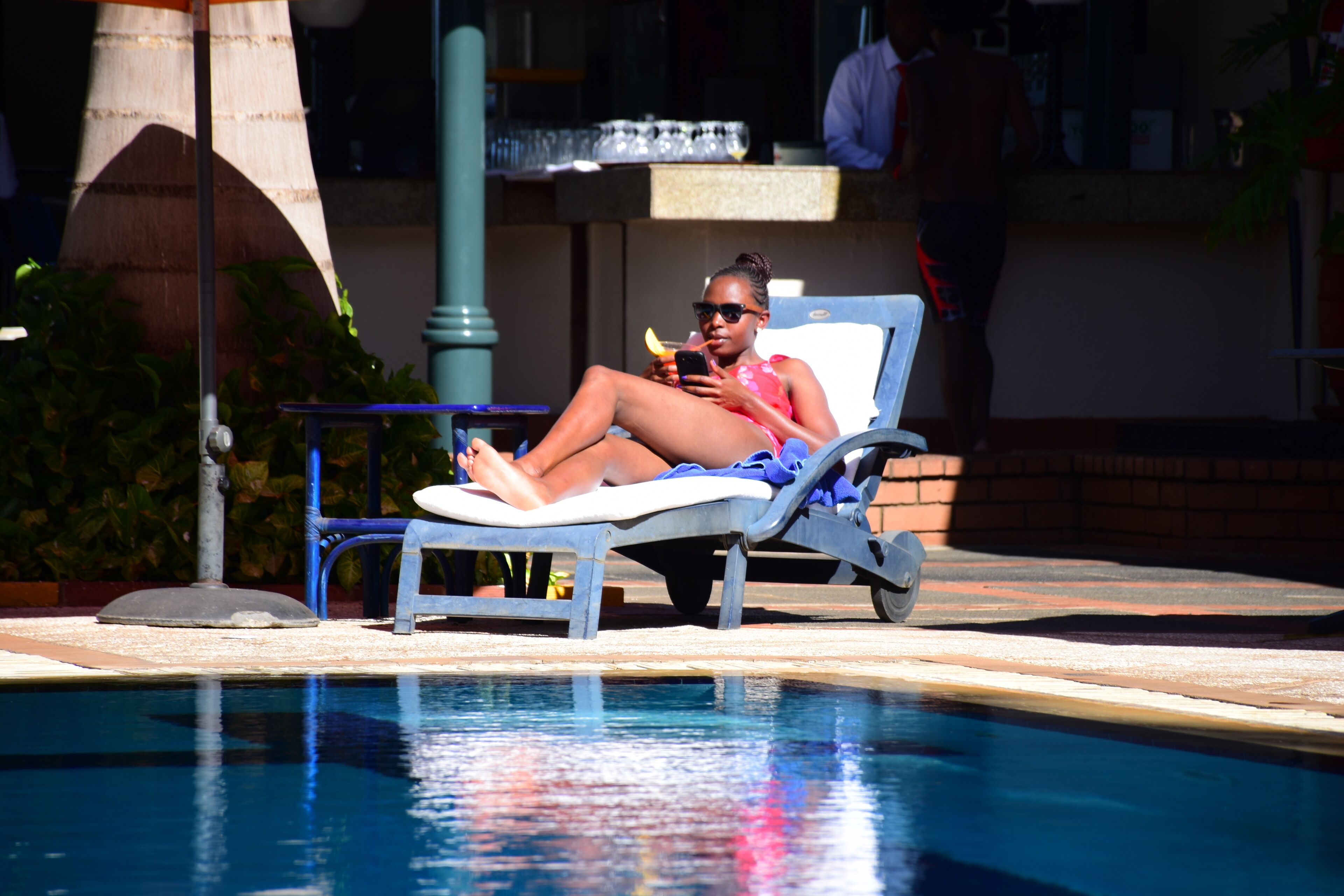 outdoor pool, pool loungers