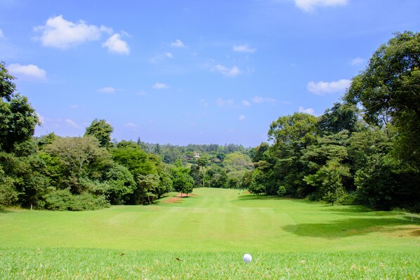 A golf course with a clear sky, surrounded by trees and a distant view of houses. - Windsor Golf Hotel & Country Club (Nairobi)