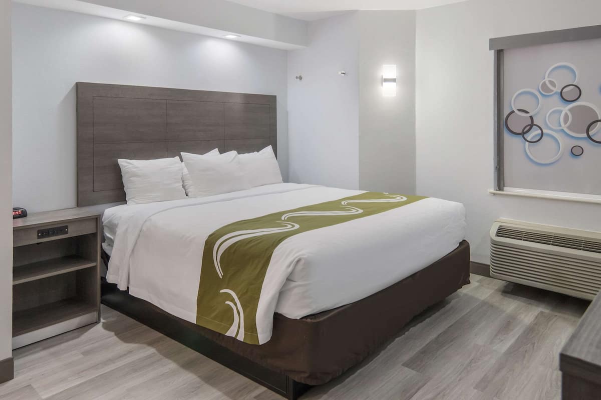 A modern hotel room with a large bed, a bedside table, a wall-mounted air conditioner, and a decorative wall piece.
