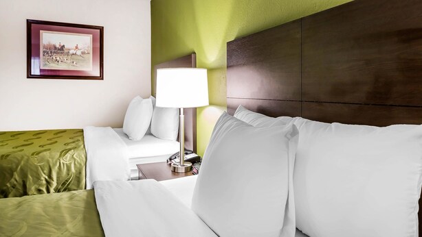 Habitación de hotel con cama, mesita de noche con lámpara, un cuadro en la pared y una pared de acento verde.