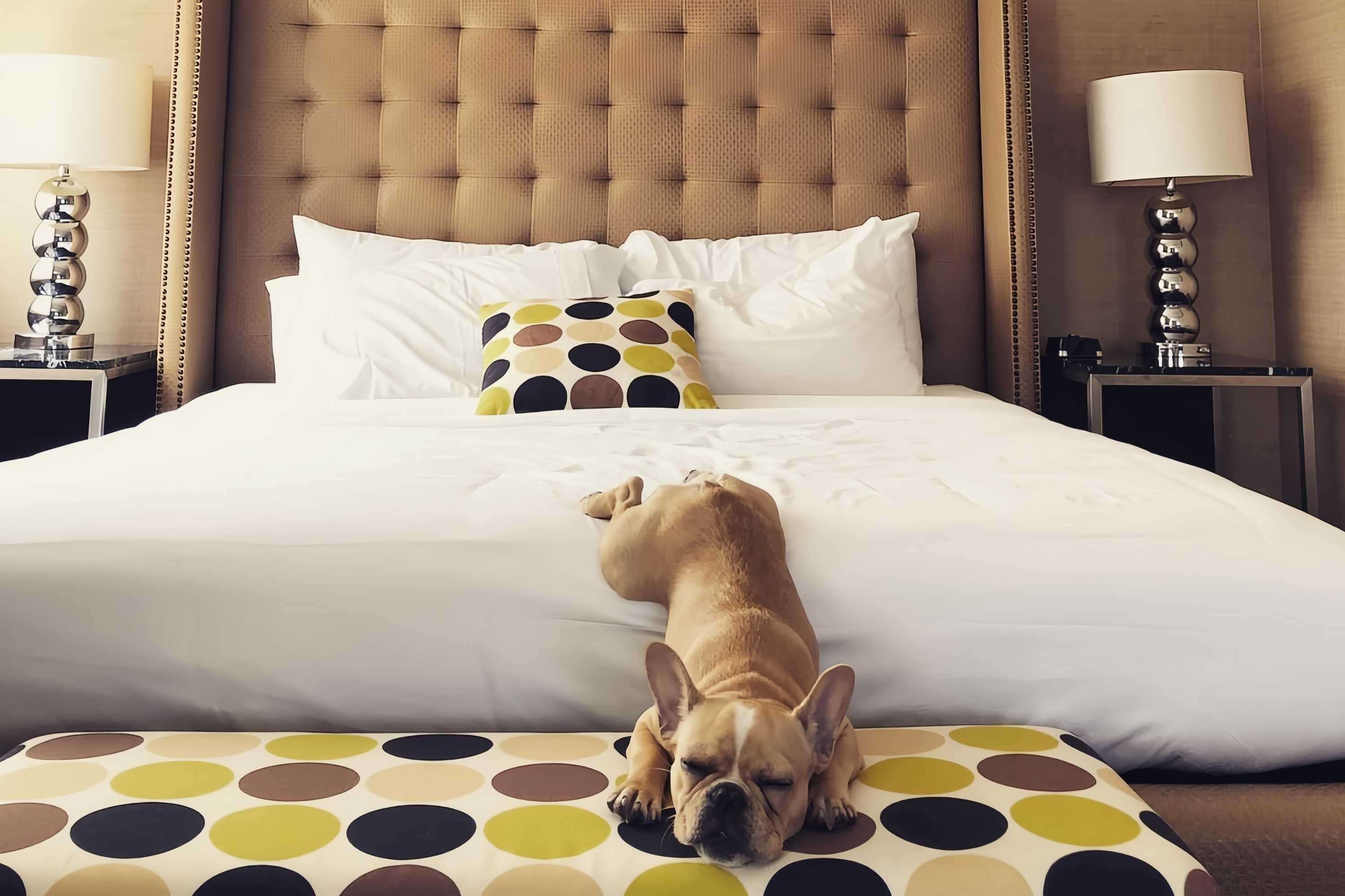 Ein Hotelzimmer mit einem großen Bett, einem Hund, der auf dem Bett liegt, und einem Kissen mit Punkten.