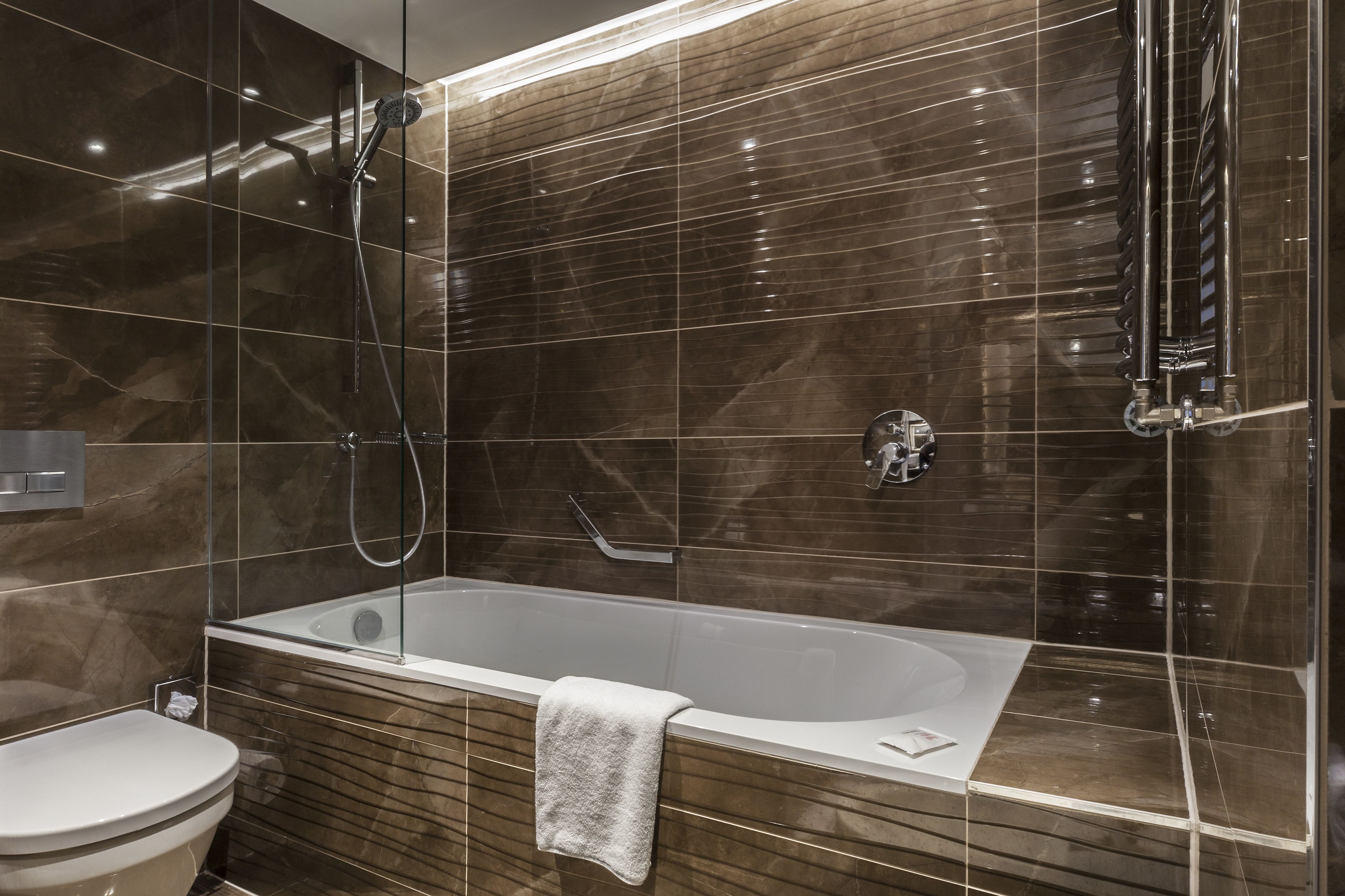 A modern bathroom with a glass-enclosed bathtub, a toilet, and a shower area.