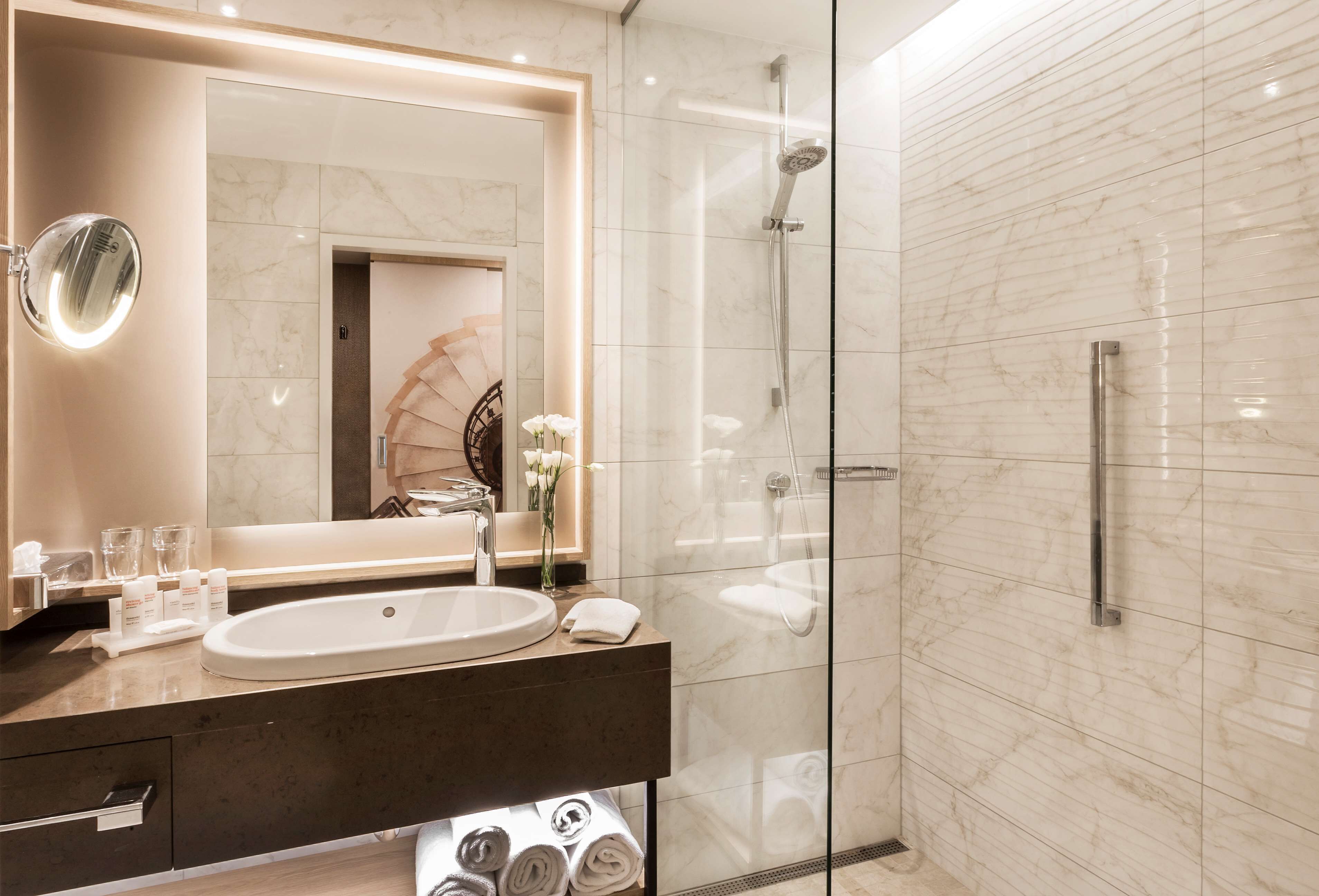 eco-friendly toiletries, hair dryer, towels, soap