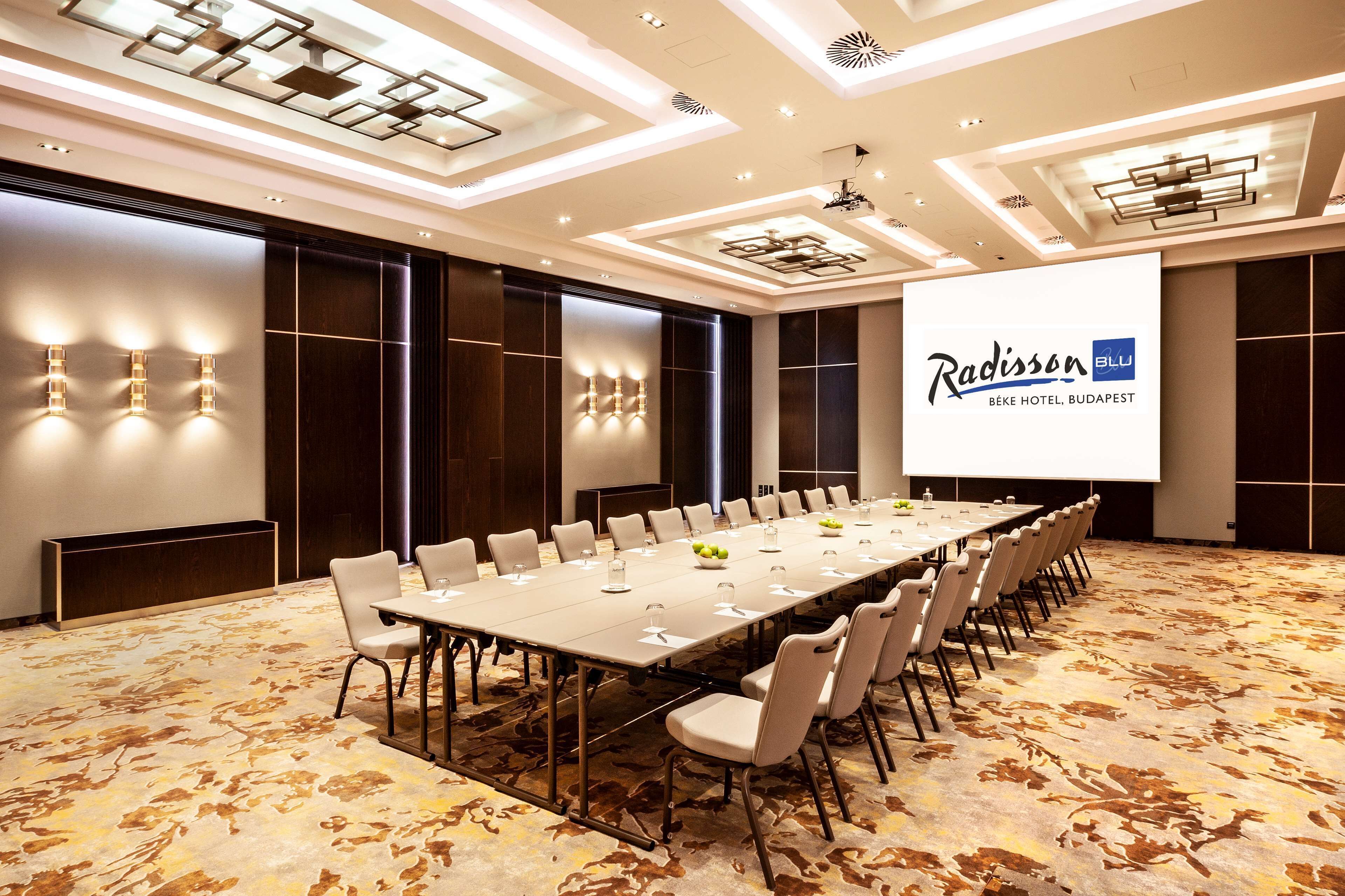 Een vergaderzaal met een lange tafel, stoelen en een projectiescherm waarop het Radisson logo staat.