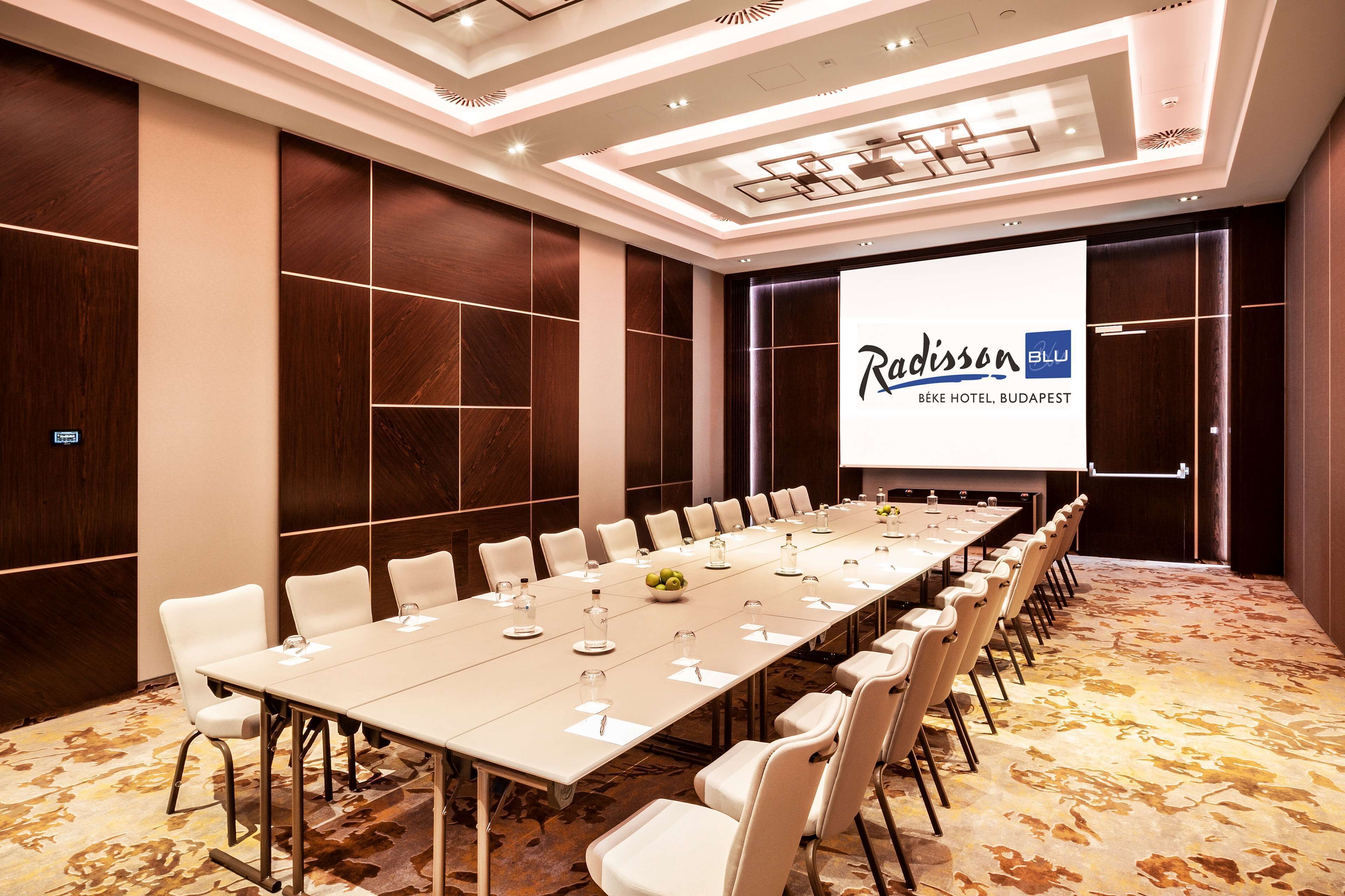 A conference room with a long table, white chairs, and a presentation screen displaying the Radisson logo.