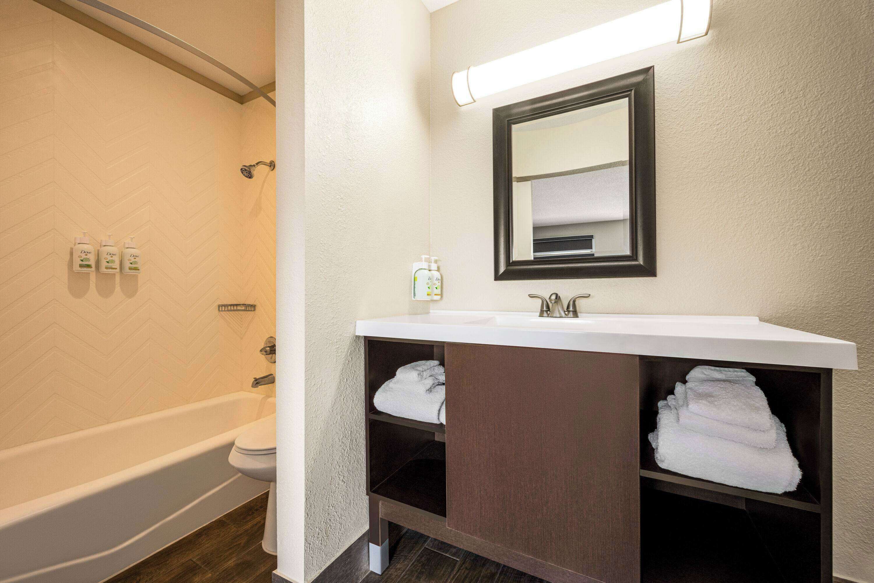 A bathroom with a white sink, a mirror, a shower, and a toilet.