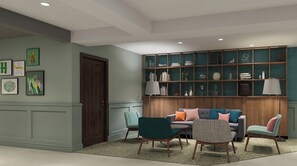 Un salon doté d’une porte en bois foncé, d’un canapé turquoise et gris, de fauteuils à motifs et d’une bibliothèque en bois ornée de divers objets décoratifs.