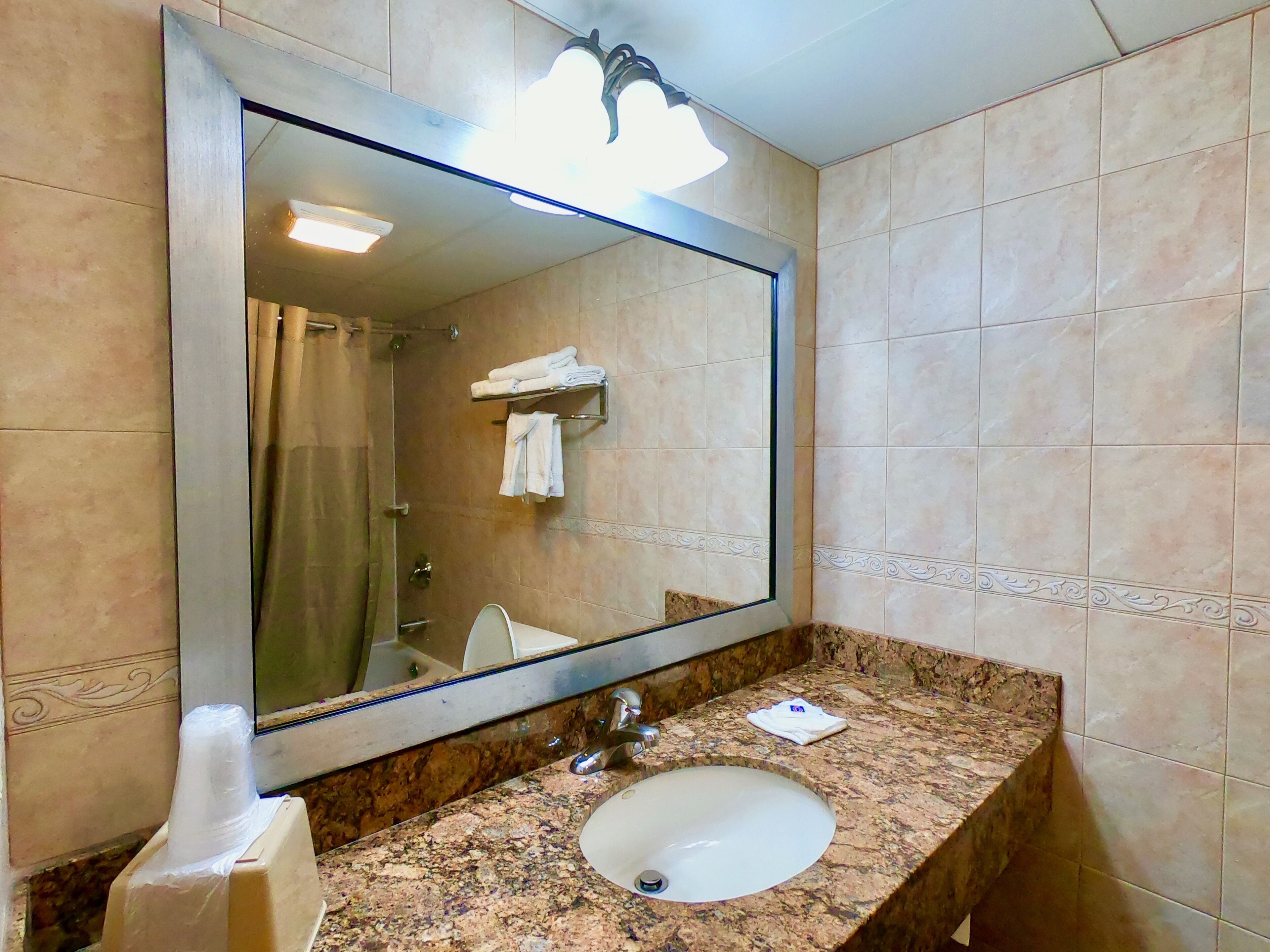 A bathroom with a large mirror, a sink, and a shower.