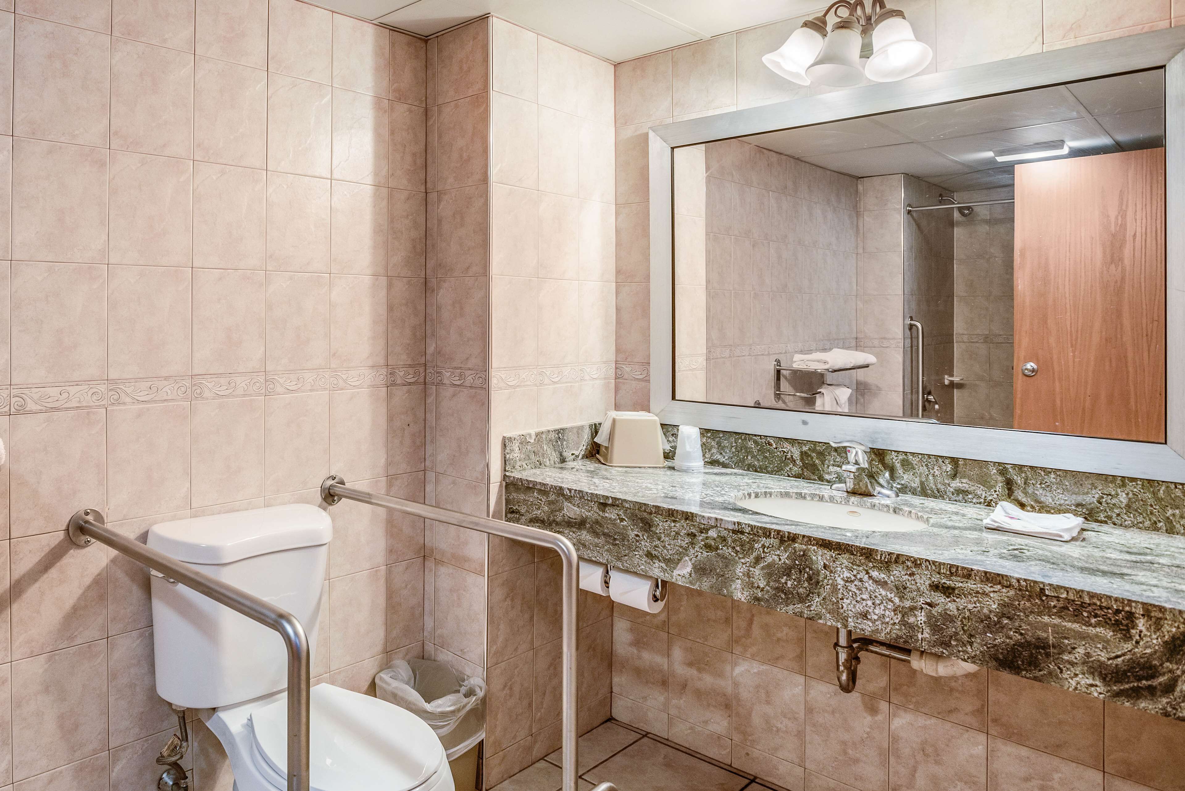 A bathroom with a toilet, grab bars, a sink with a marble countertop, and a large mirror.