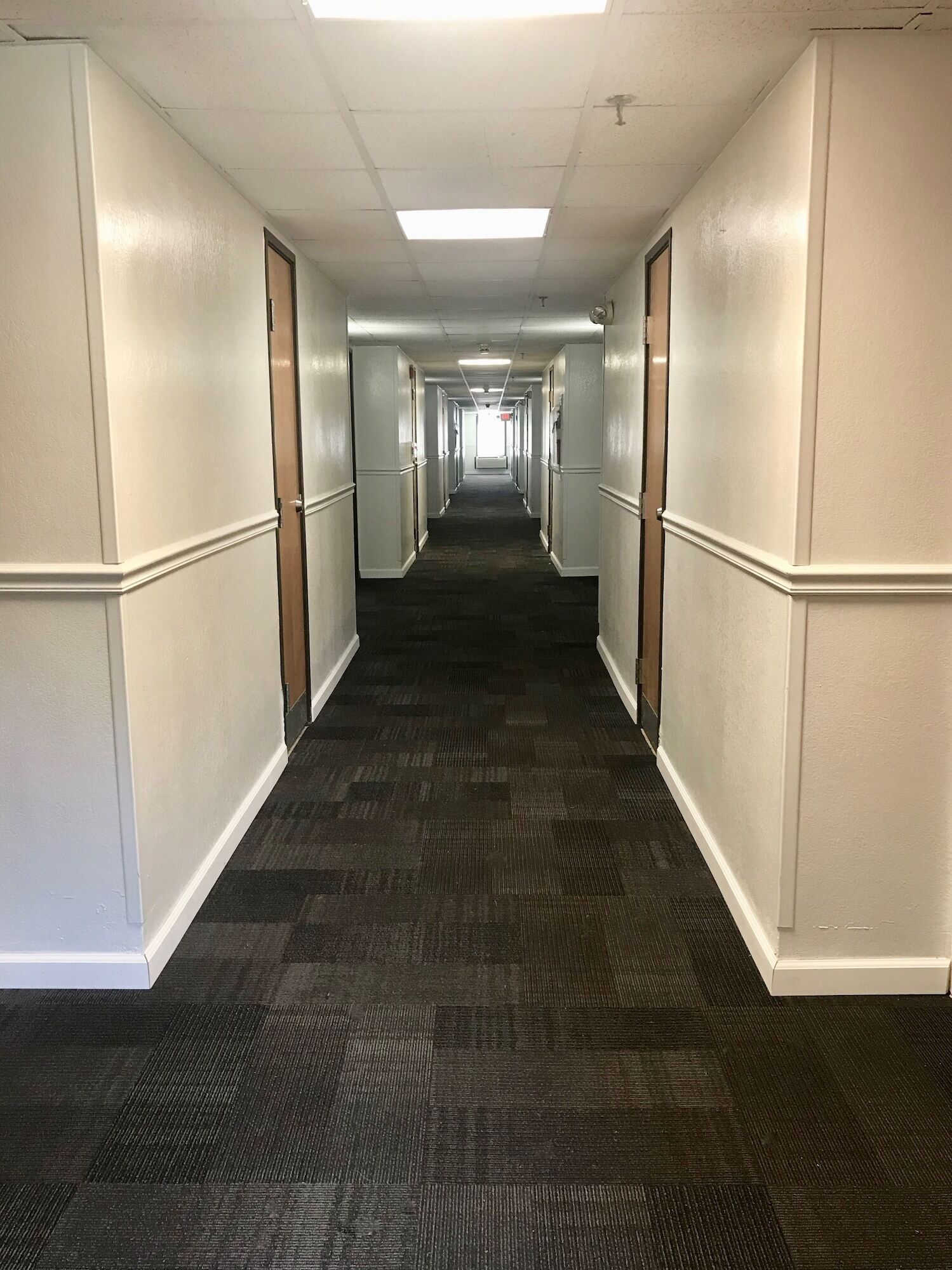 A long, narrow hallway with carpeted floors and white walls, leading to multiple doors on both sides.