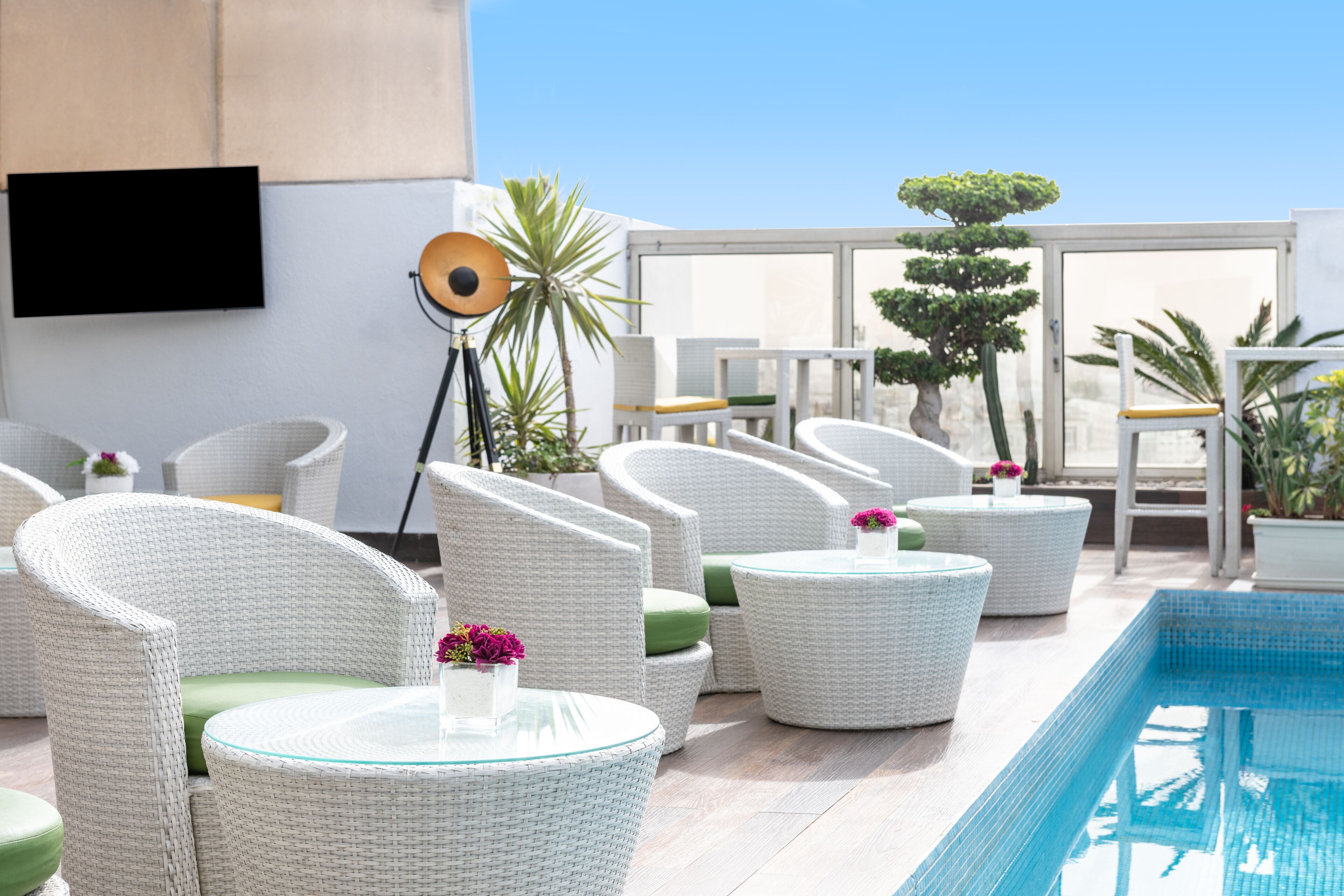 Terraza en la azotea con mobiliario de mimbre, piscina y plantas en macetas.