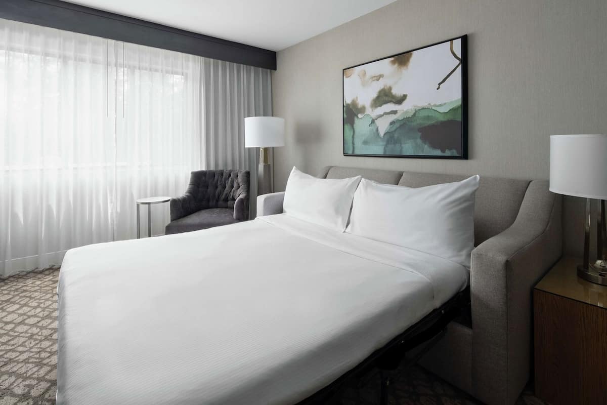 Una habitación de hotel con una cama grande, una silla, un escritorio y un cuadro en la pared.