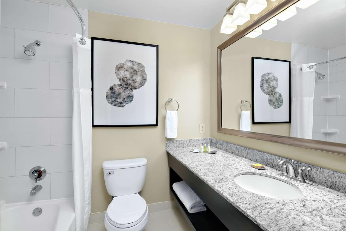 eco-friendly toiletries, hair dryer, towels, soap