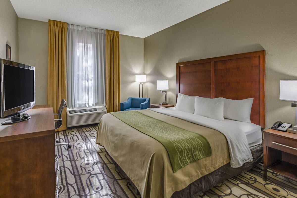 A hotel room with a bed, a desk with a TV, a chair, a lamp, and a bedside table.