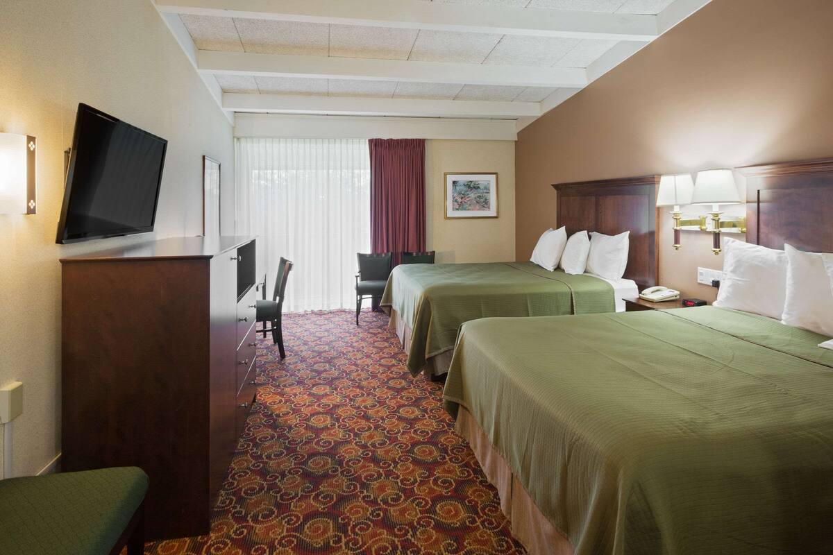 Une chambre d’hôtel avec deux lits, une télévision, un bureau et une chaise.