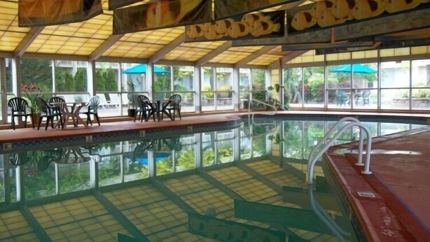 An indoor swimming pool with clear glass walls, a tiled floor, and a ceiling with hanging banners.
