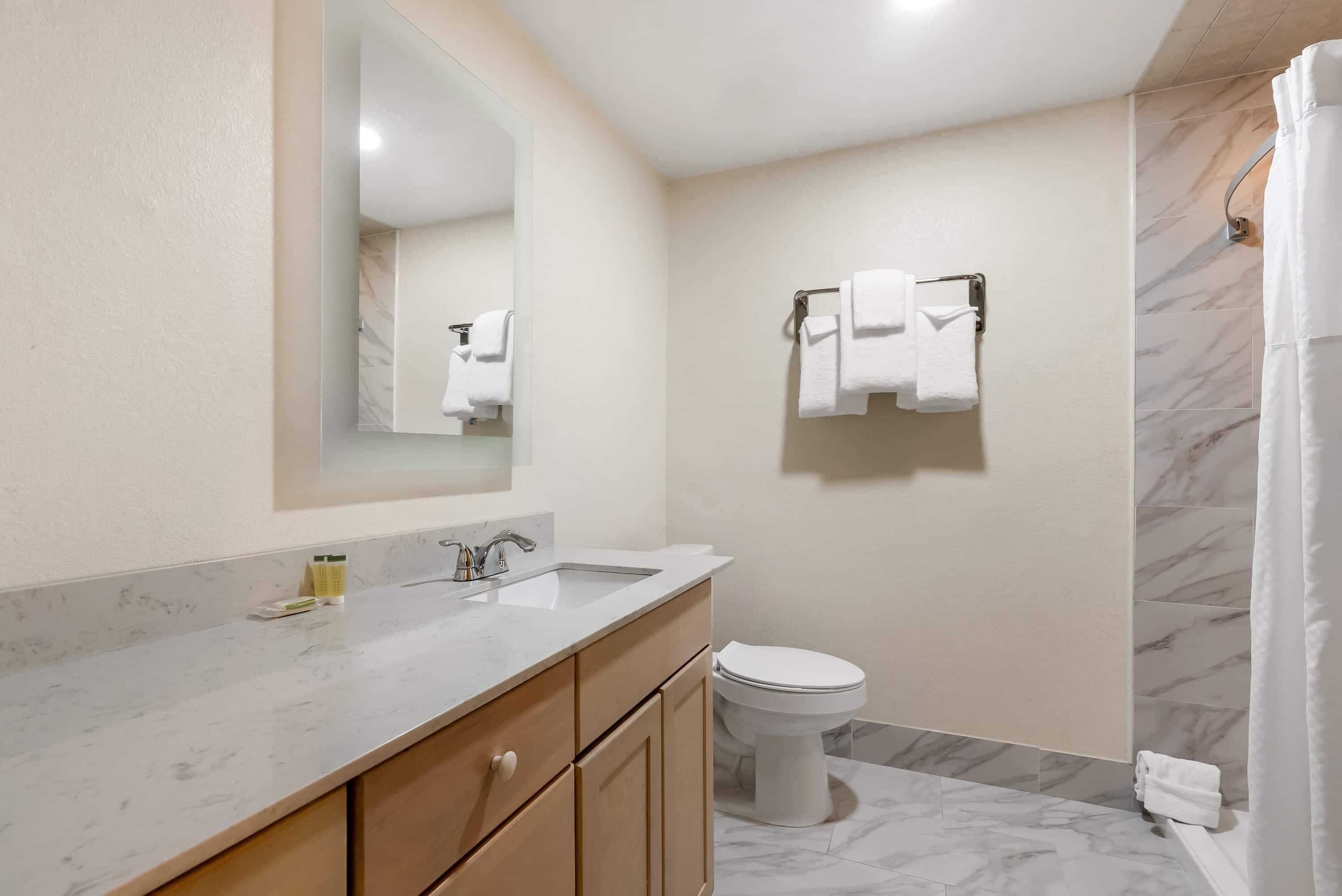 A bathroom with a marble sink, a toilet, and a shower curtain.